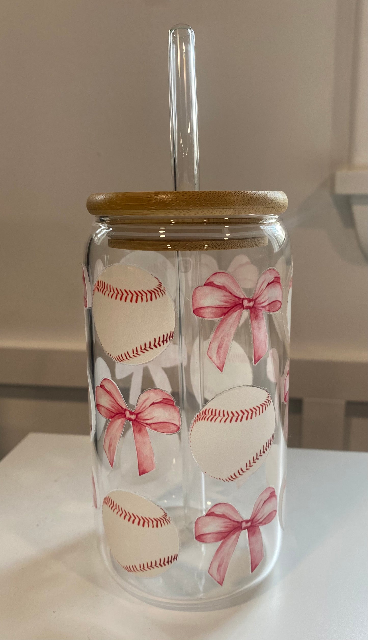 Baseballs & Pink Bows 16oz Libbey Glass Cup