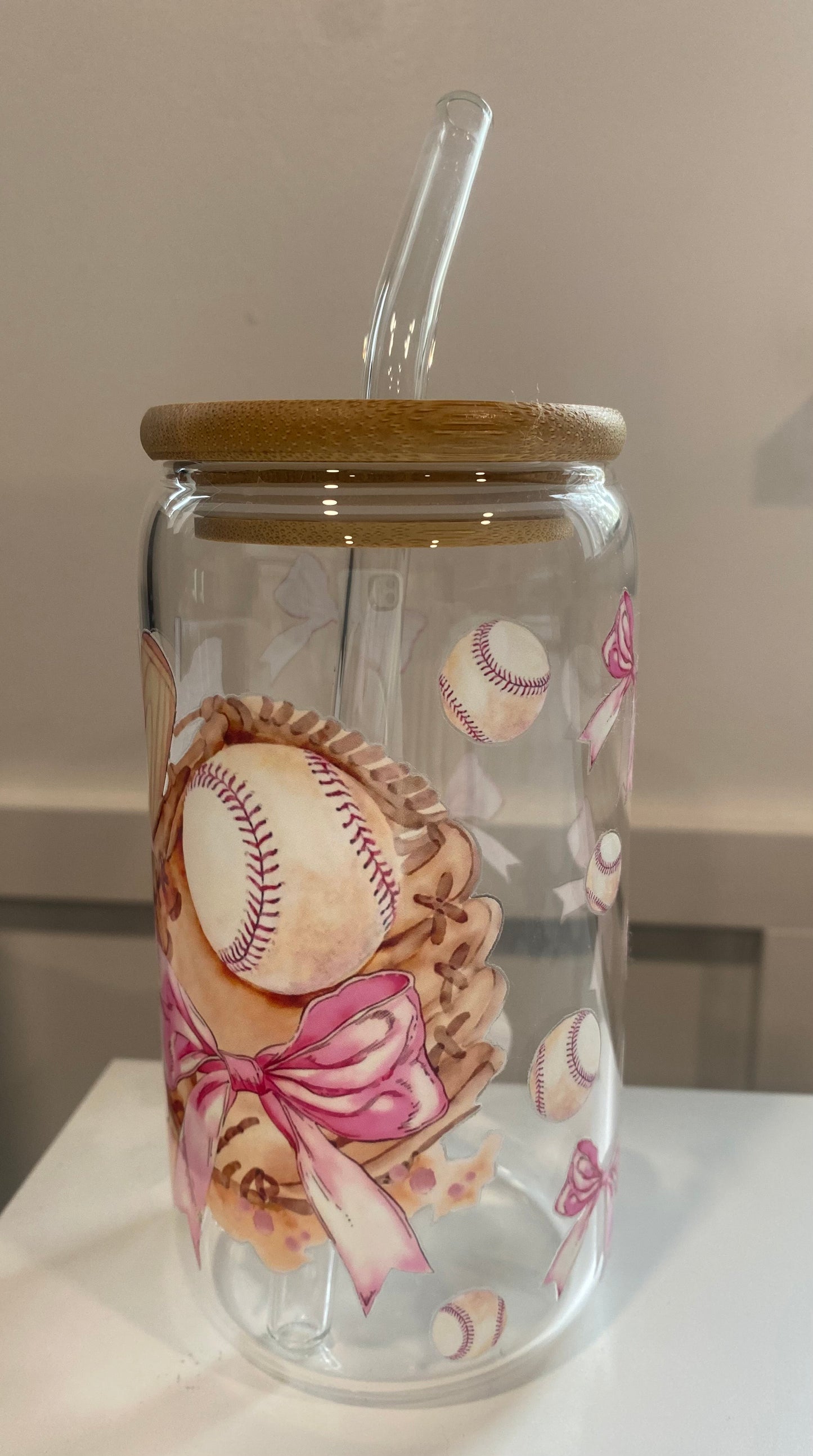 Coquette Baseball Glove with Bows 16oz Libbey Glass Cup