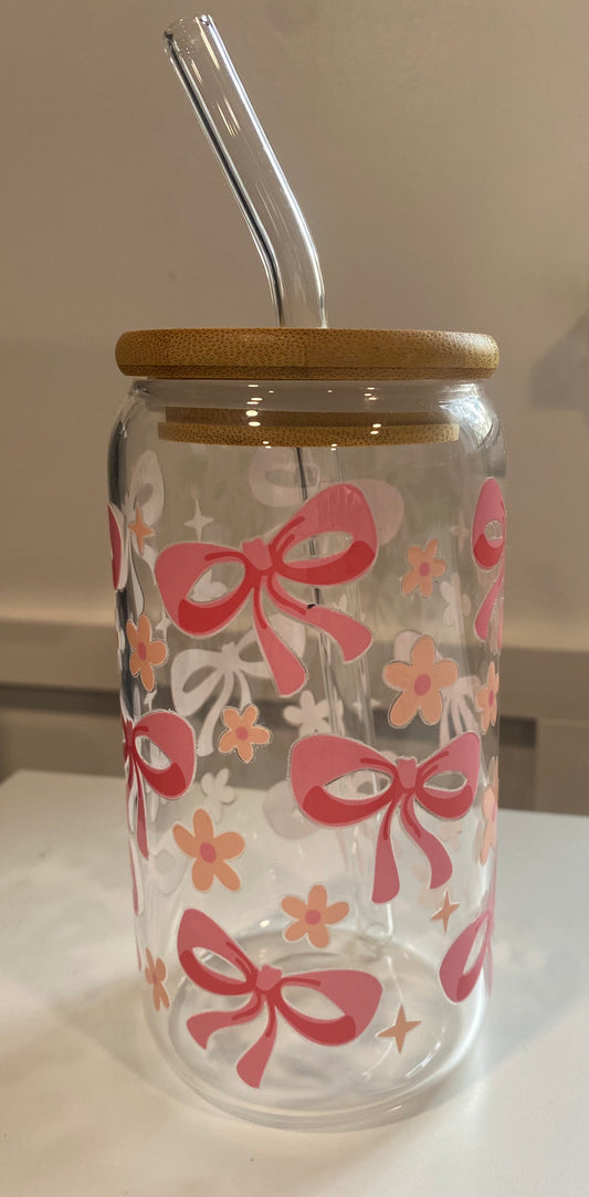 Pink Bows & Coral Daisies 16oz Libbey Glass Cup