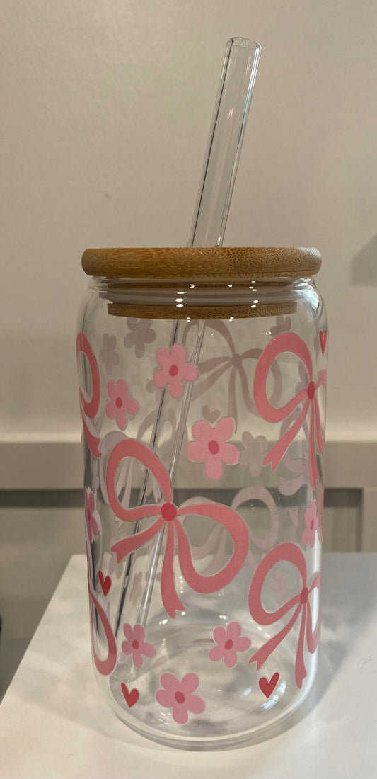 Pink Bows, Hearts & Pink Daisies 16oz Libbey Glass Cup