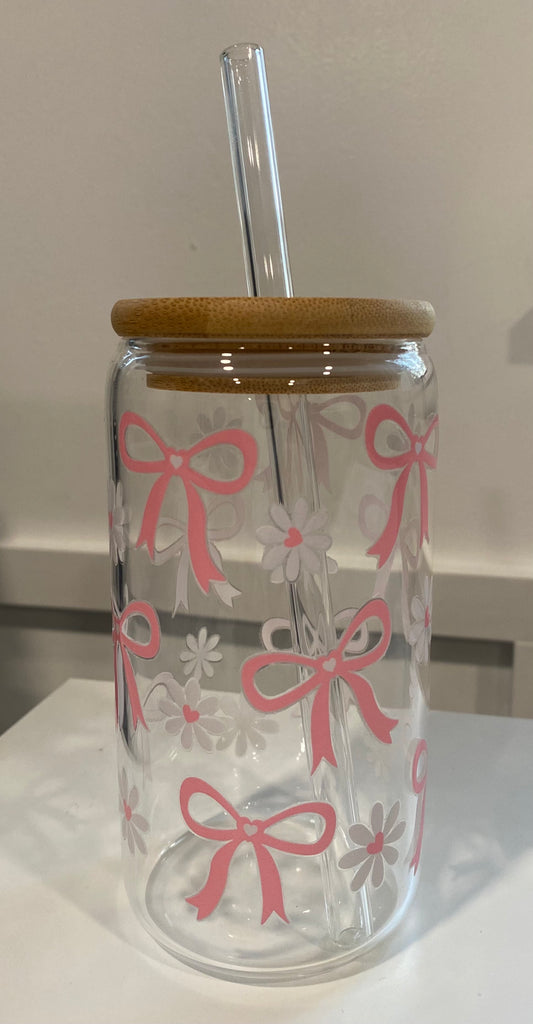 Pink Bows & White Heart Daisies 16oz Libbey Glass Cup