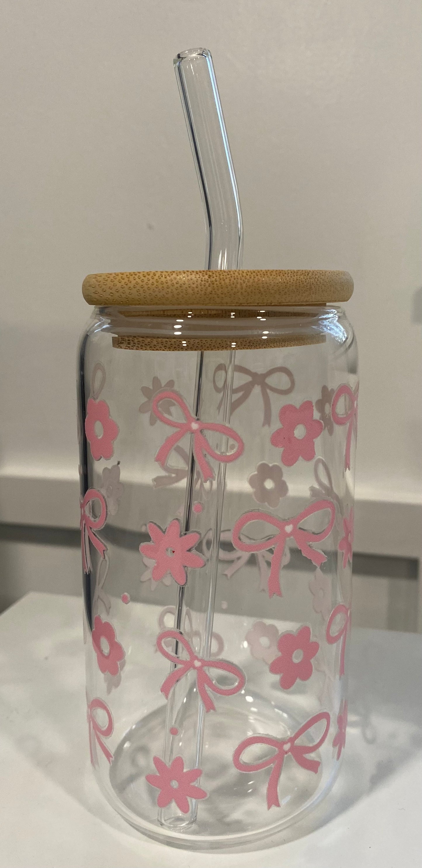 Pink Bows & Pink Flowers 16oz Libbey Glass Cup