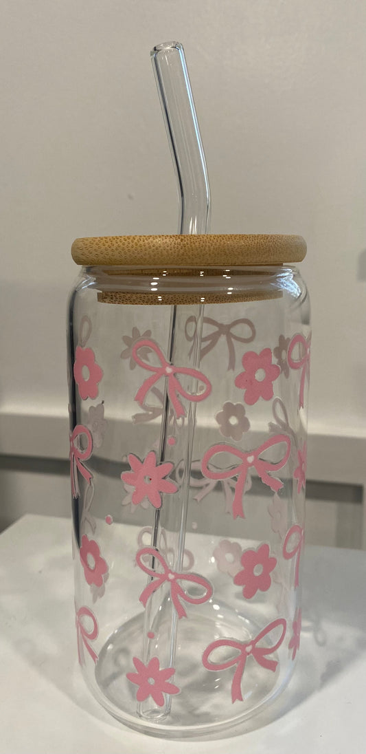 Pink Bows & Pink Flowers 16oz Libbey Glass Cup