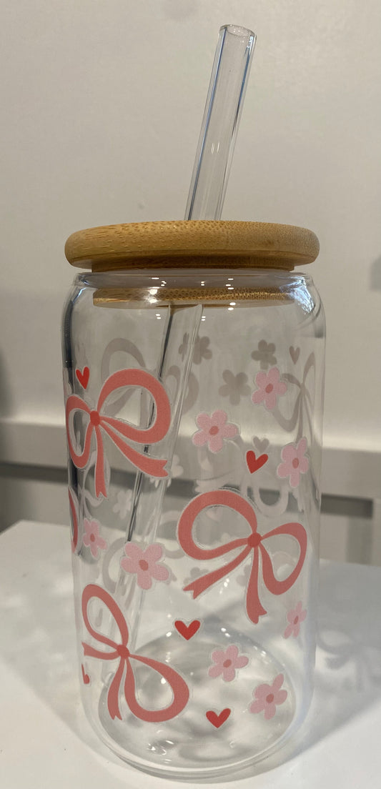 Coral Bows, Pink Daisies & Hearts 16oz Libbey Glass Cup