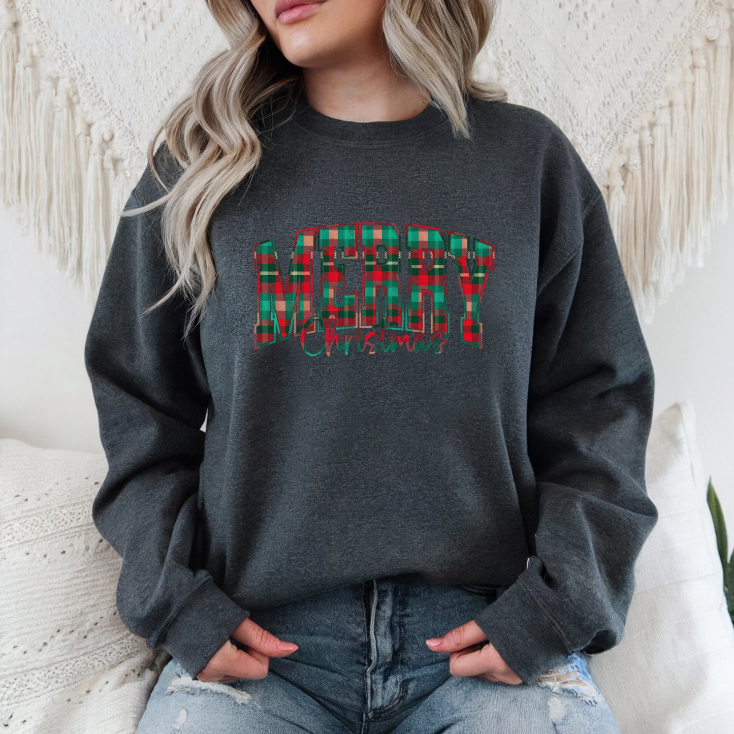Merry Christmas Plaid - Adult Crew Sweatshirt