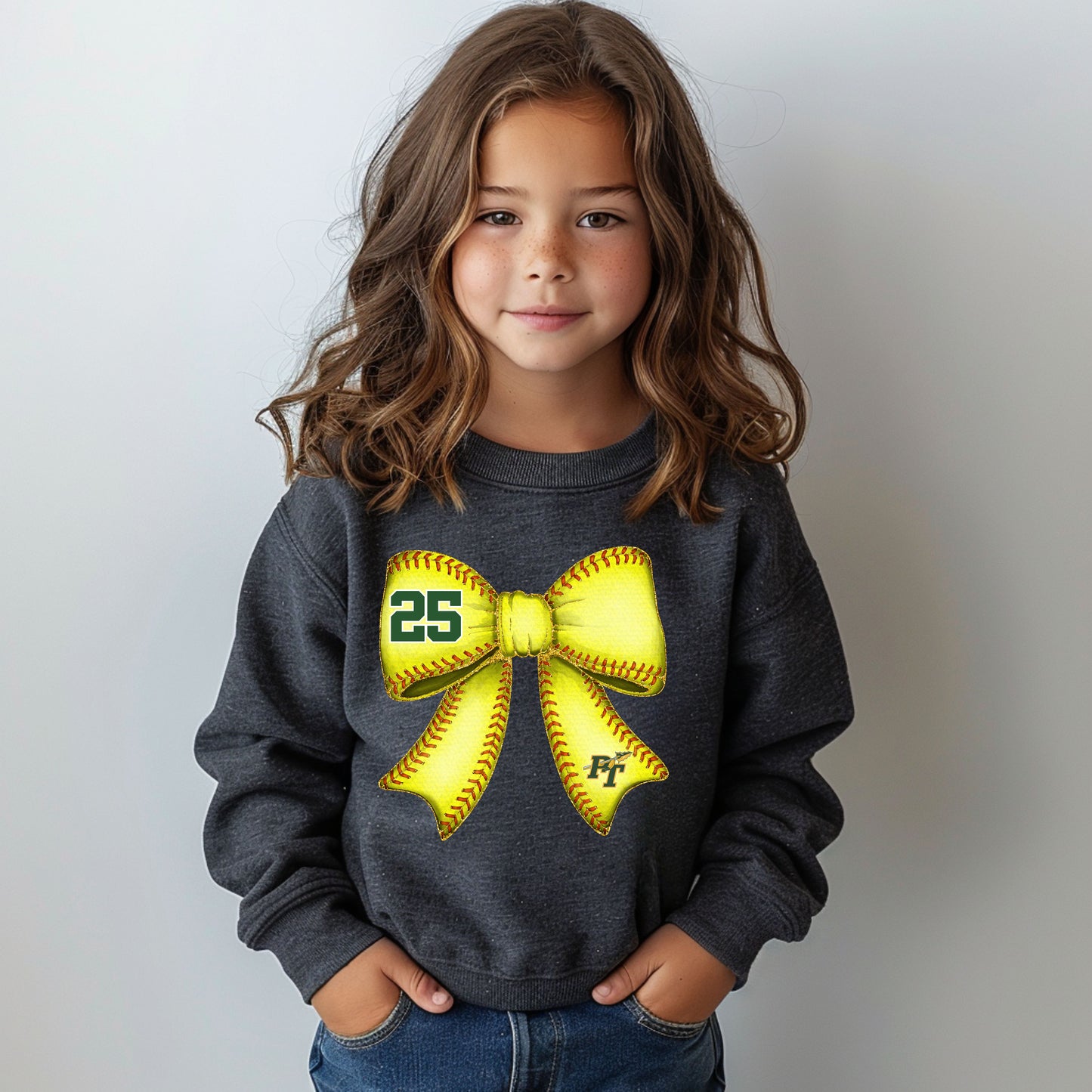 PT Softball Bow Custom # - Youth Crew Sweatshirt