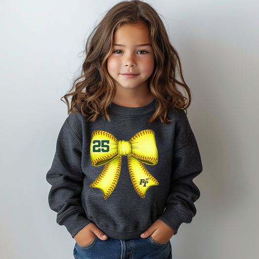 PT Softball Bow Custom # - Youth Crew Sweatshirt
