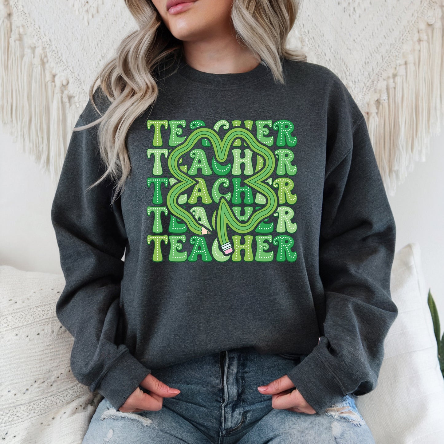 Lucky Teacher Shamrock - Adult Unisex Crew Sweatshirt