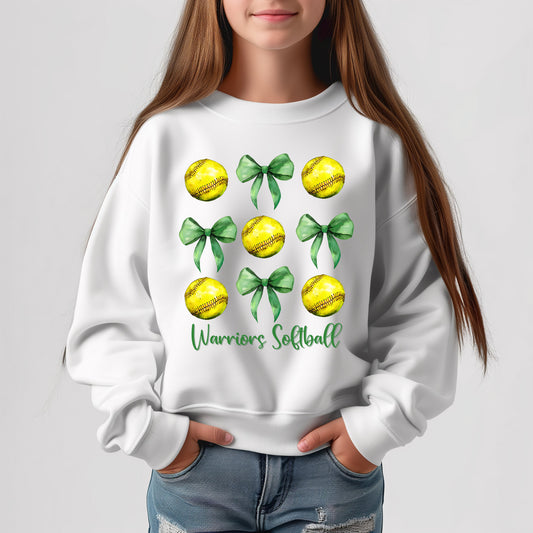 Warriors Softball Coquette Bows - Youth Crew Sweatshirt
