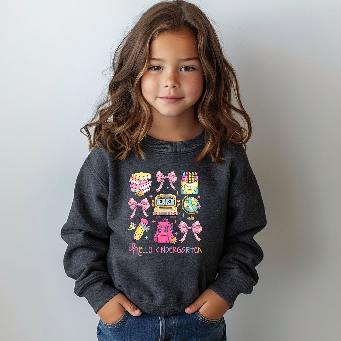 Hello Kindergarten Coquette - Youth Crew Sweatshirt