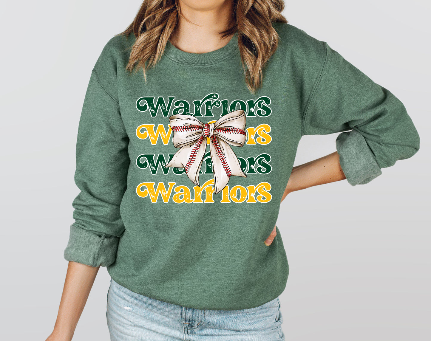 Warriors Coquette Baseball Bow - Adult Crew Sweatshirt